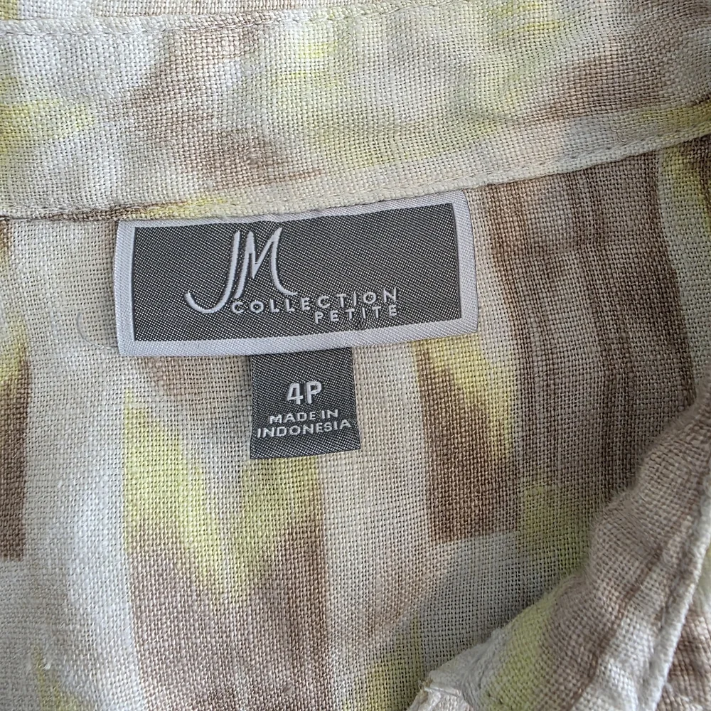 JM Collection 100% Linen Petite Button Up Blouse Neutral Lightweight Top